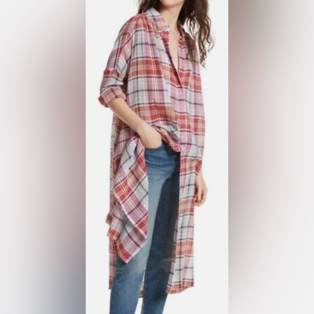 Free People By My Side Duster Cardigan Plaid Gauze Light Weight Red Blue Size S
